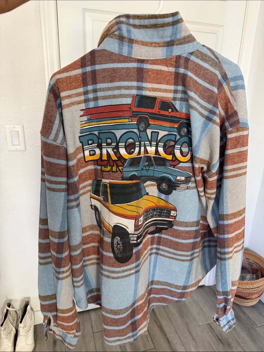 Ford Plaid Button-Down Shirt Jacket in Light Blue and Brown with Bronco Graphic
